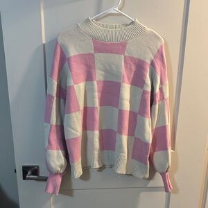 Cozy Pink and Cream Checkered Women's Turtleneck Sweater